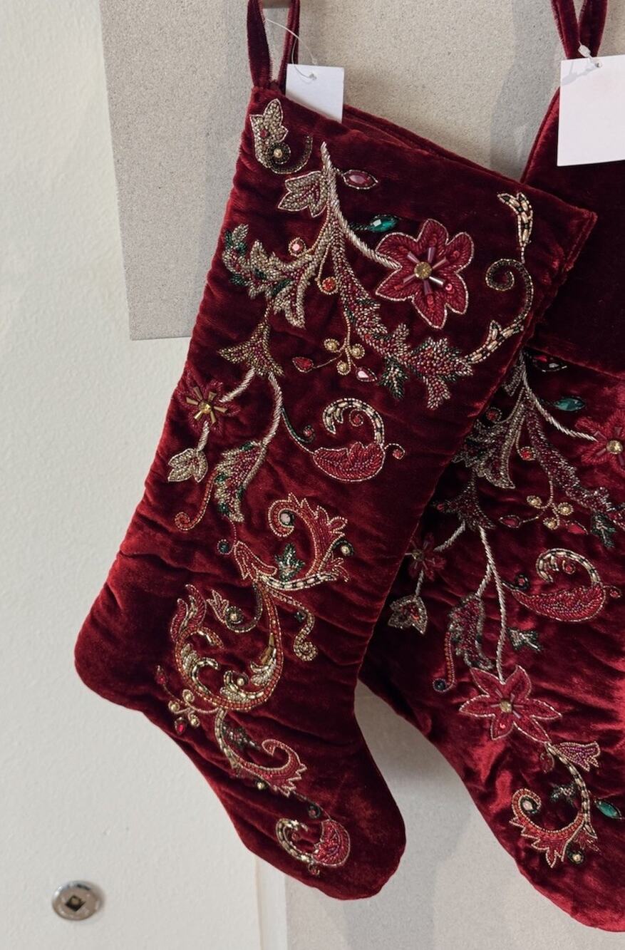 Neiman Marcus Spiritual Christmas Magnolia scroll stocking red velvet New $165